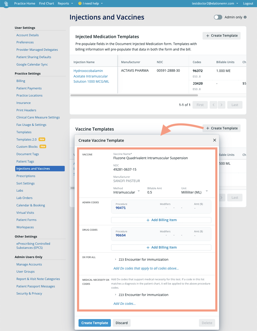 Create Vaccine Template dialog showing Fluzone Quadrivalent vaccine with NDC 49281-0637-15, admin code 90471, drug code 90654, and Z23 diagnosis codes, with arrow pointing to the "+ Create Template" button.