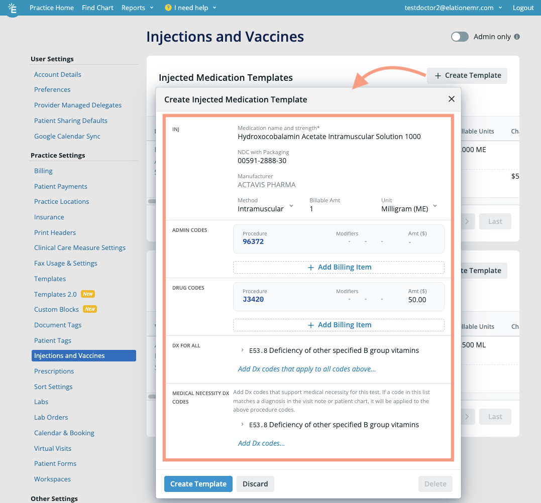 Create Injected Medication Template dialog showing Hydroxocobalamin Acetate with NDC 00591-2888-30, Admin Code 96372, Drug Code J3420 with $50.00 amount, and E53.8 diagnosis in both Dx for All and Medical Necessity sections.