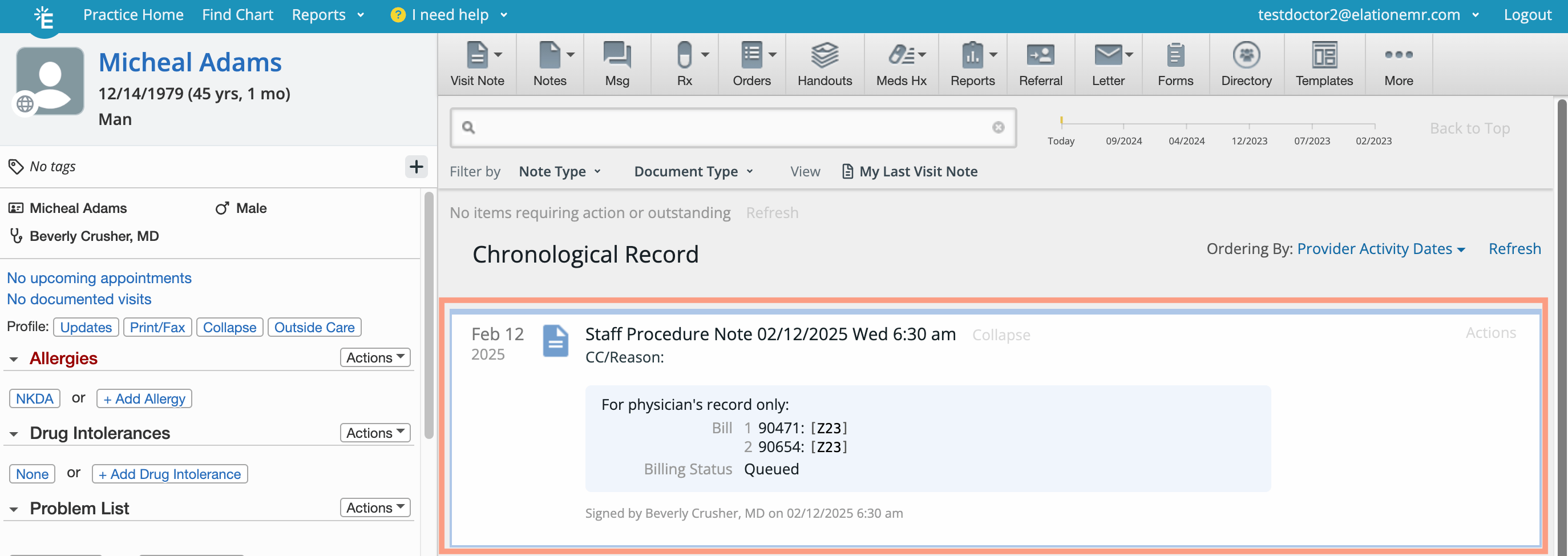 Staff Procedure Note dated 02/12/2025 in a patient's Chronological Record, showing billing codes 90471 and 90654 with diagnosis code Z23, Billing Status "Queued," signed by Beverly Crusher, MD.