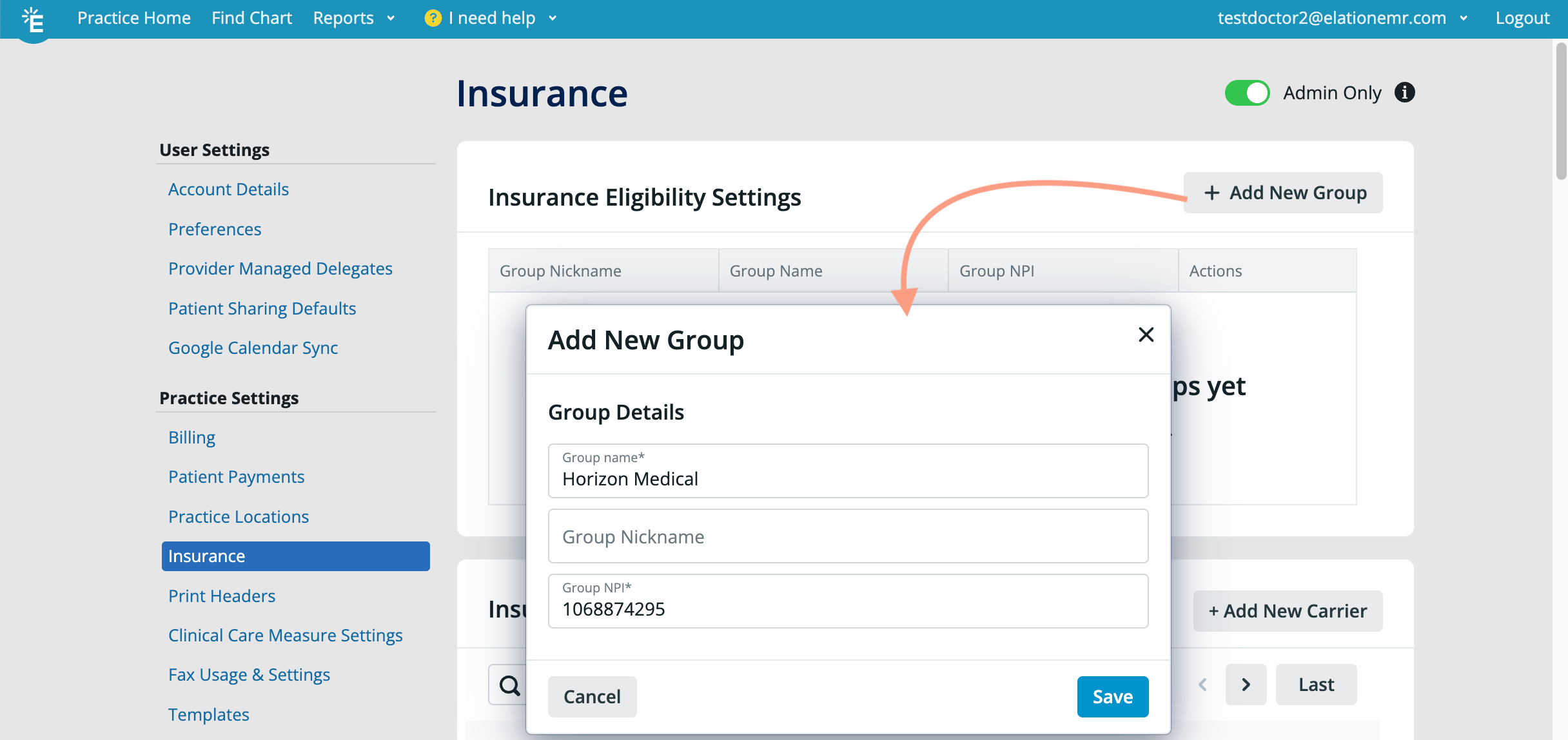 Add New Group dialog showing Group name "Horizon Medical" and Group NPI "1068874295" filled in, with an arrow pointing from the "+ Add New Group" button that opened it.