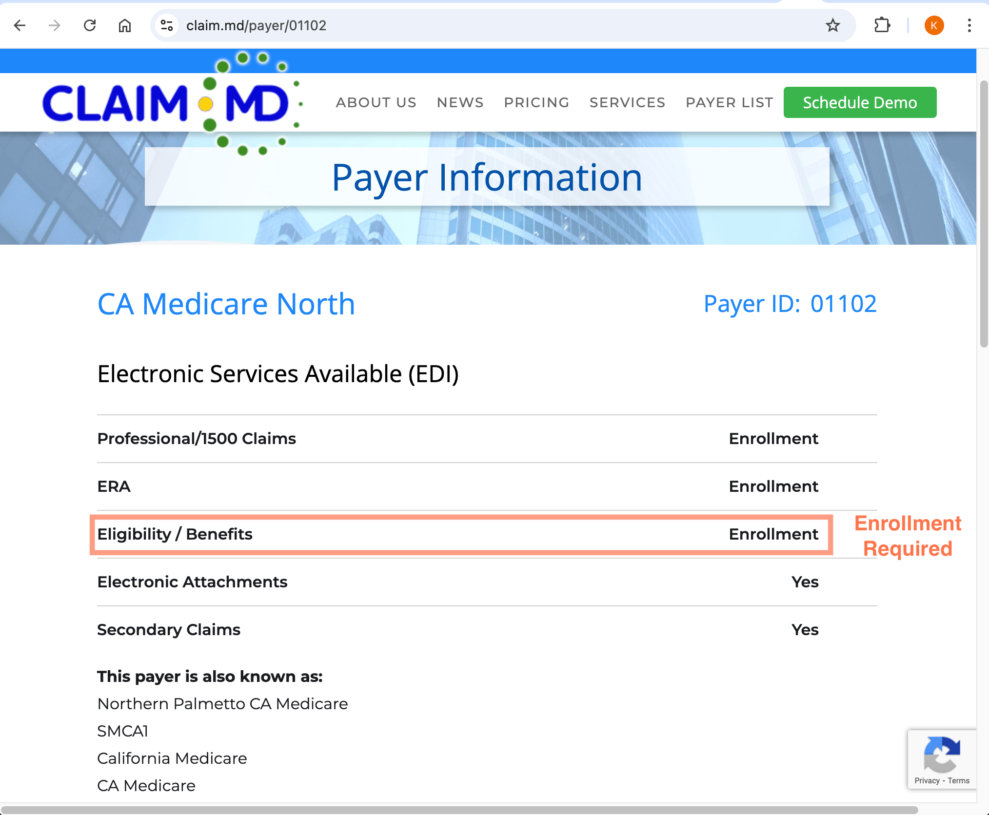 ClaimMD Payer Information page for CA Medicare North (Payer ID 01102) with Eligibility/Benefits row highlighted, showing "Enrollment Required" — indicating special enrollment is needed.