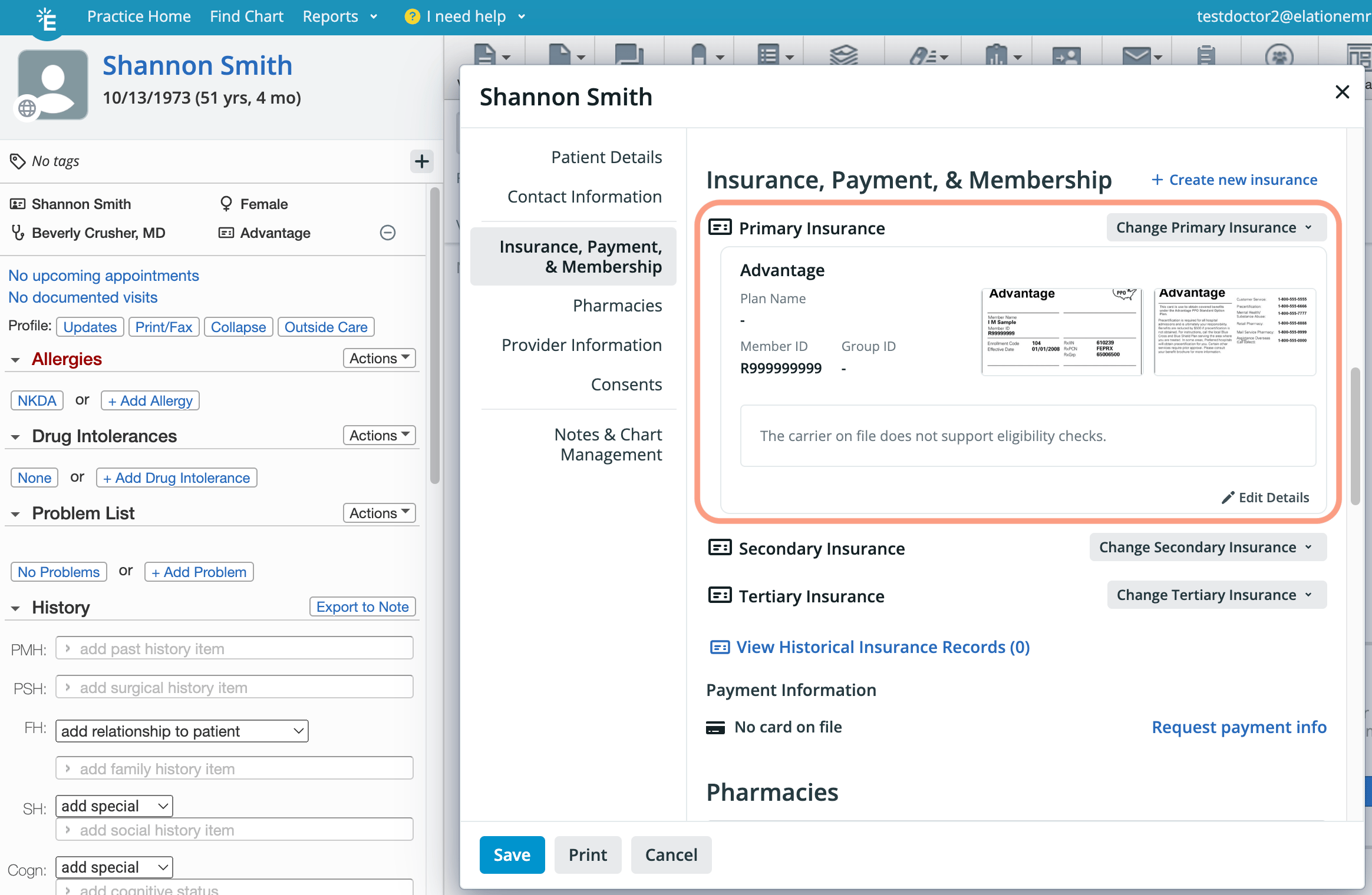 Insurance, Payment, & Membership section open for Shannon Smith, showing Primary Insurance (Advantage, Member ID R999999999) highlighted with an orange border, with Edit Details and Change Primary Insurance options visible.