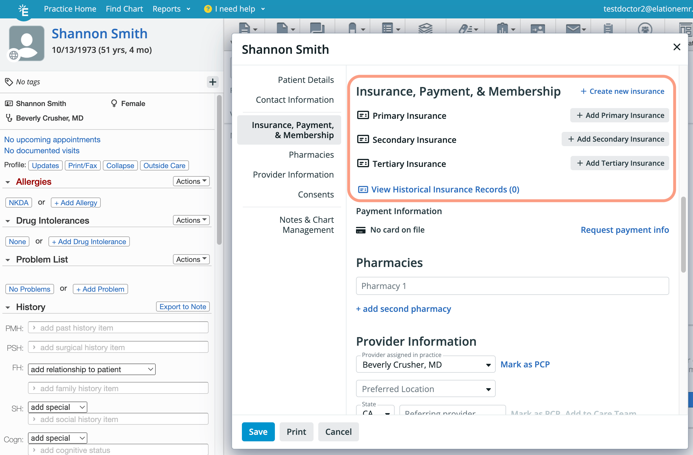 Patient demographics window open to the Insurance, Payment, & Membership tab, highlighted with an orange border, showing empty Primary, Secondary, and Tertiary Insurance sections with Add buttons and a "+ Create new insurance" link.