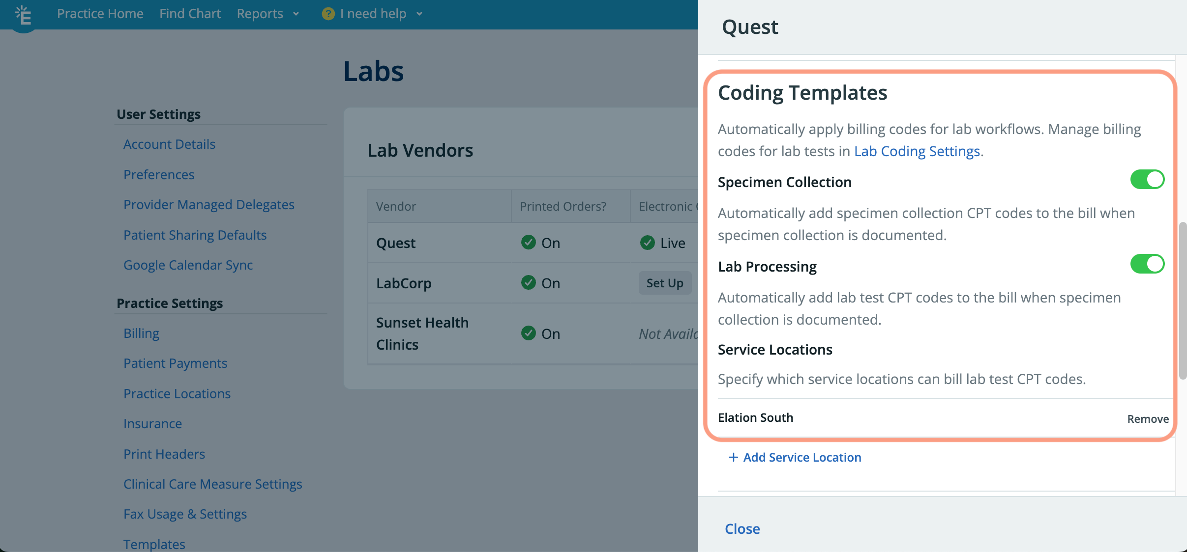 Quest lab vendor settings panel showing the Coding Templates section (highlighted) with Specimen Collection and Lab Processing toggles both enabled, and "Elation South" listed as a Service Location.