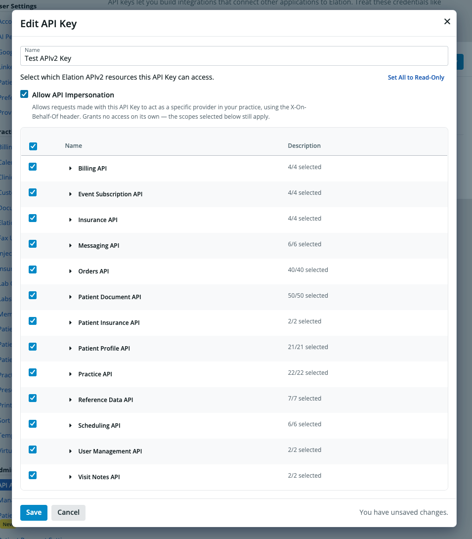 Edit Scopes dialog listing API categories such as Orders API at 20 of 40 selected and Patient Document API at 22 of 44 selected, with a "Set All to Read-Only" link.