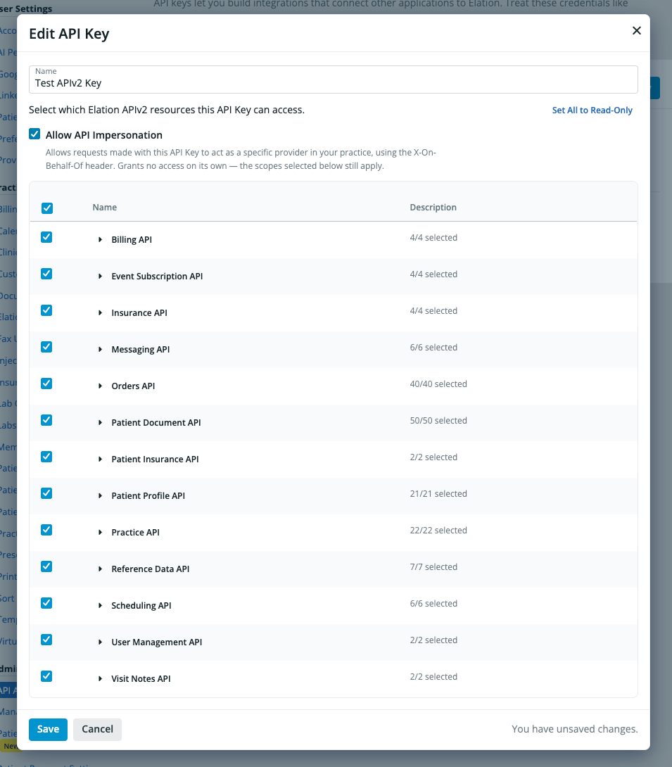 Edit Scopes dialog listing API categories such as Orders API at 20 of 40 selected and Patient Document API at 22 of 44 selected, with a "Set All to Read-Only" link.