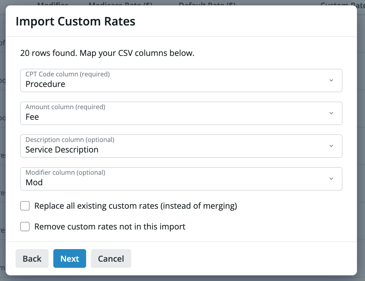 Mapping columns when importing a CSV for a Fee Schedule
