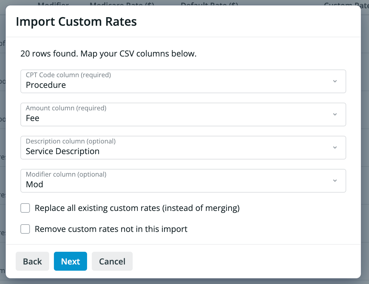 Mapping columns when importing a CSV for a Fee Schedule