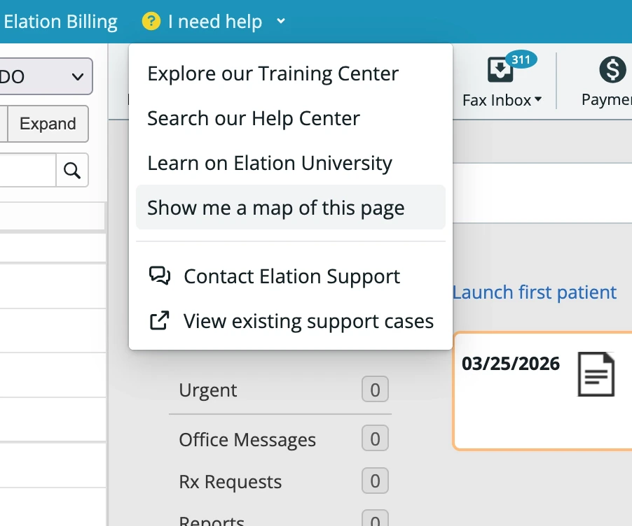 The I need help menu in Elation EHR showing the View existing support cases option