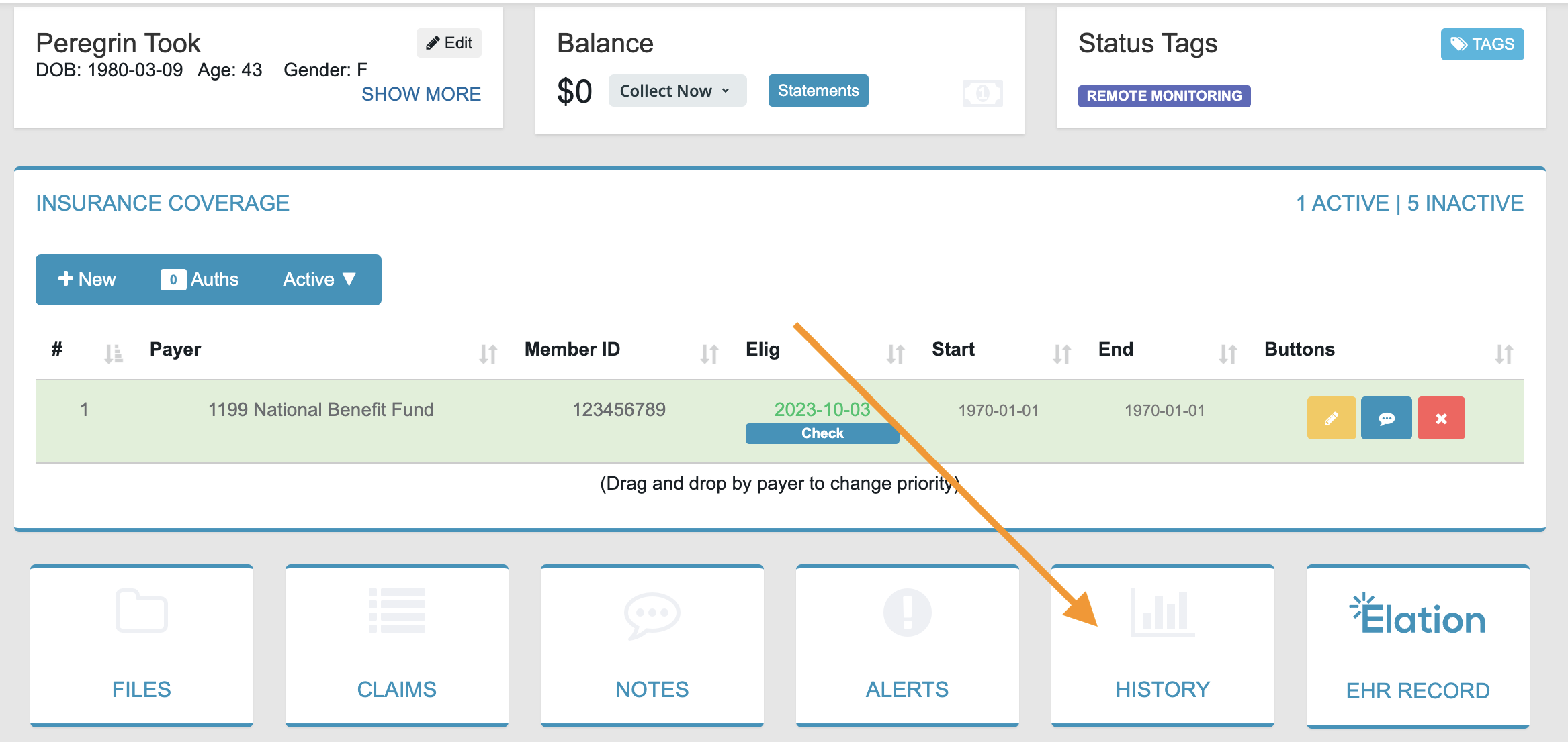 Patient History is found on the Patient's Page, in the toolbar on the bottom of the page - it is the second-to-last button.