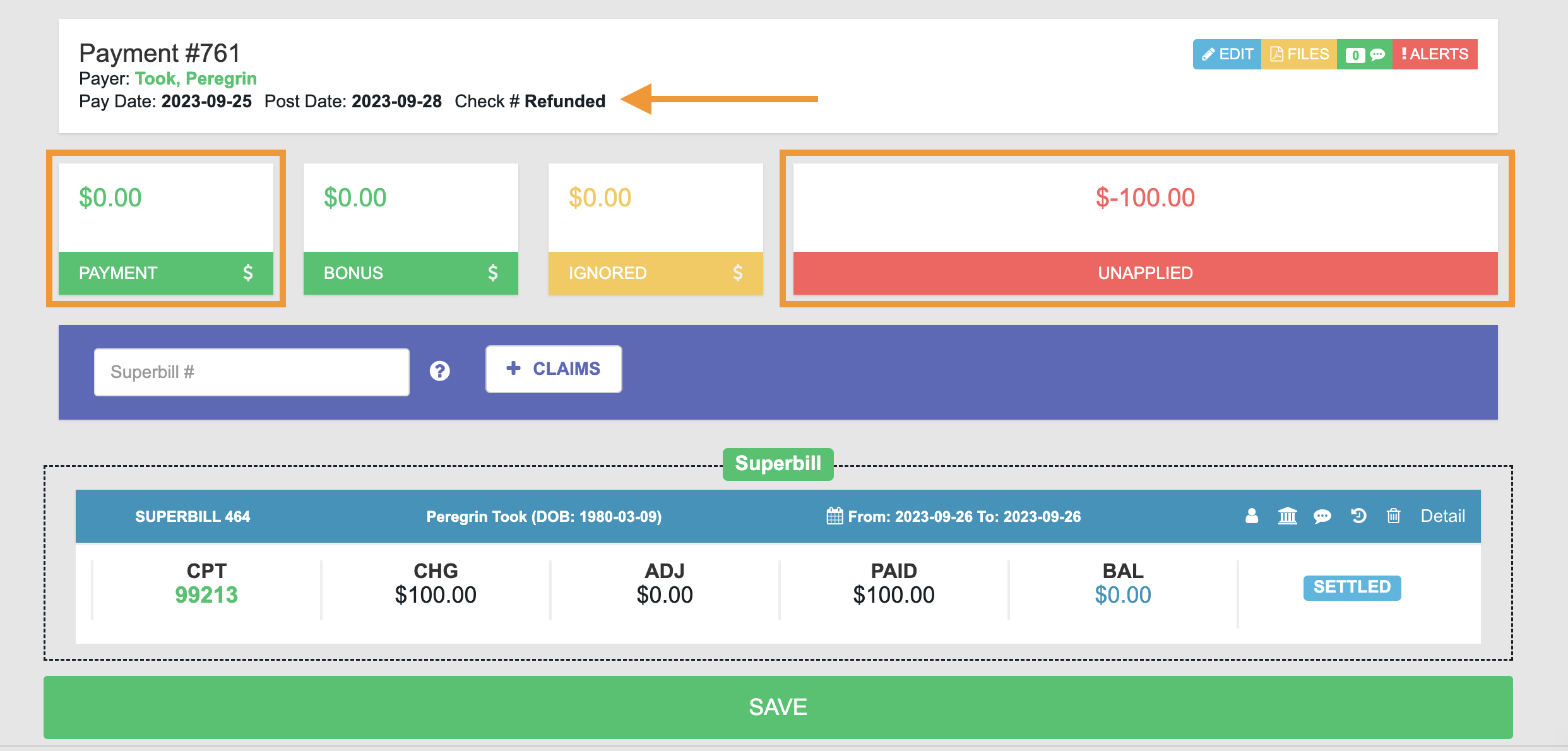 Payment #761. Now refunded, it has a Payment of $0. The Check # is now Refunded