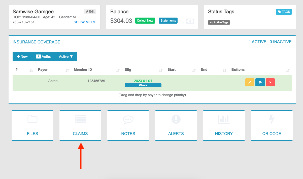 On a Payment, the Claim History button is found in the Superbill information line, preceded by Notes and followed by Delete.