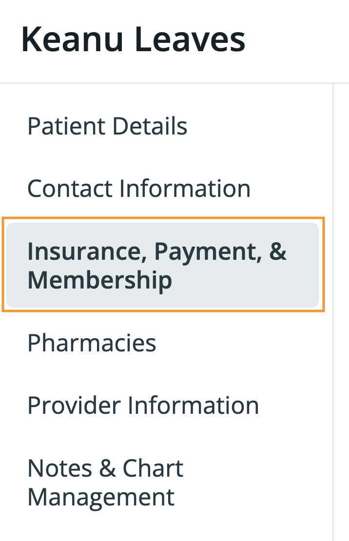 In the sidebar of the pop-up window, select Insurance, Payment, & Membership