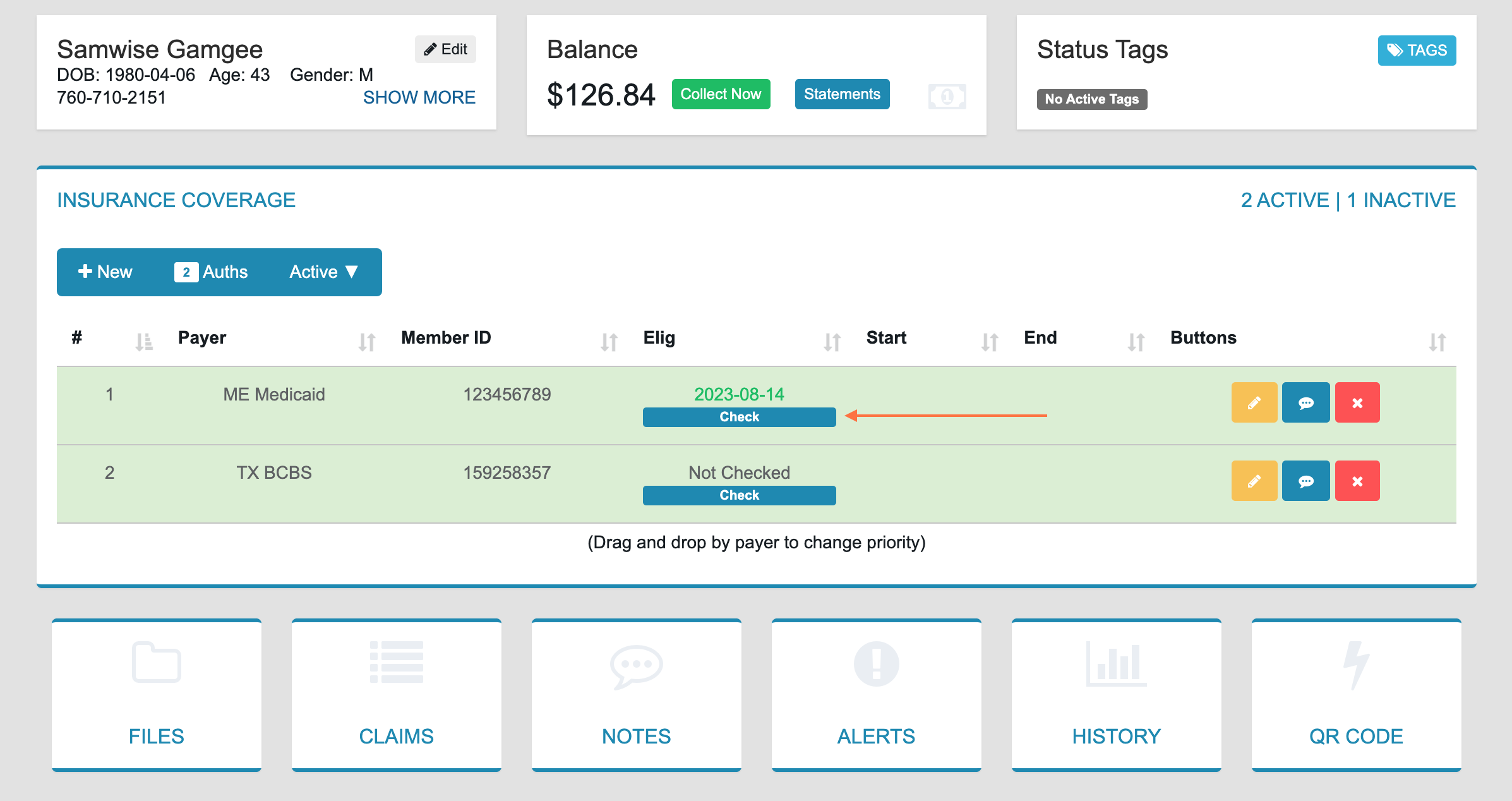An image of Samwise Gamgee's Patient Page. In the center, within his ME Medicaid policy, a coral arrow points at the blue button that says Check.