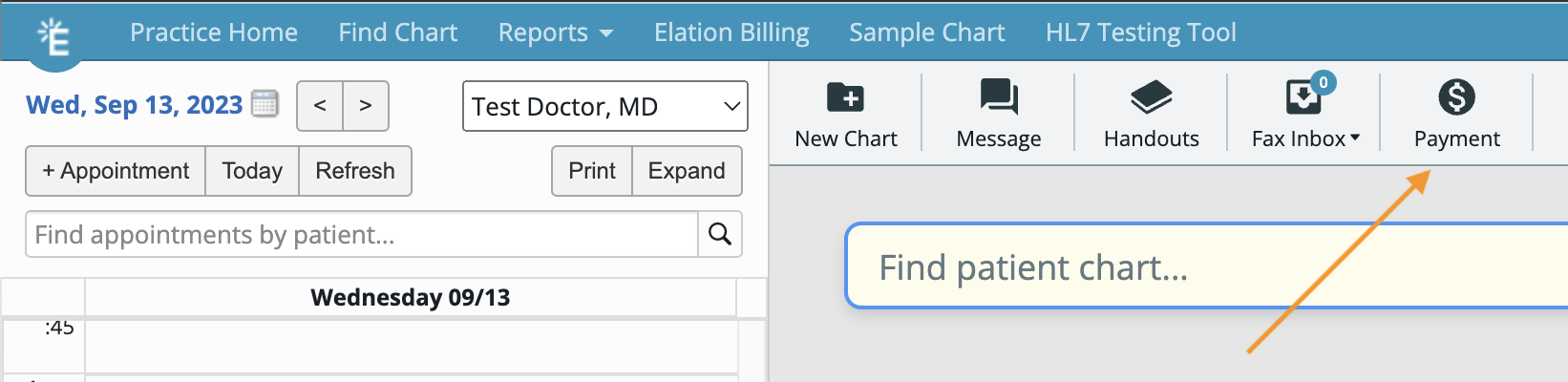 Payment is found in the top center of the Practice Home - it is the far-right button in the toolbar.