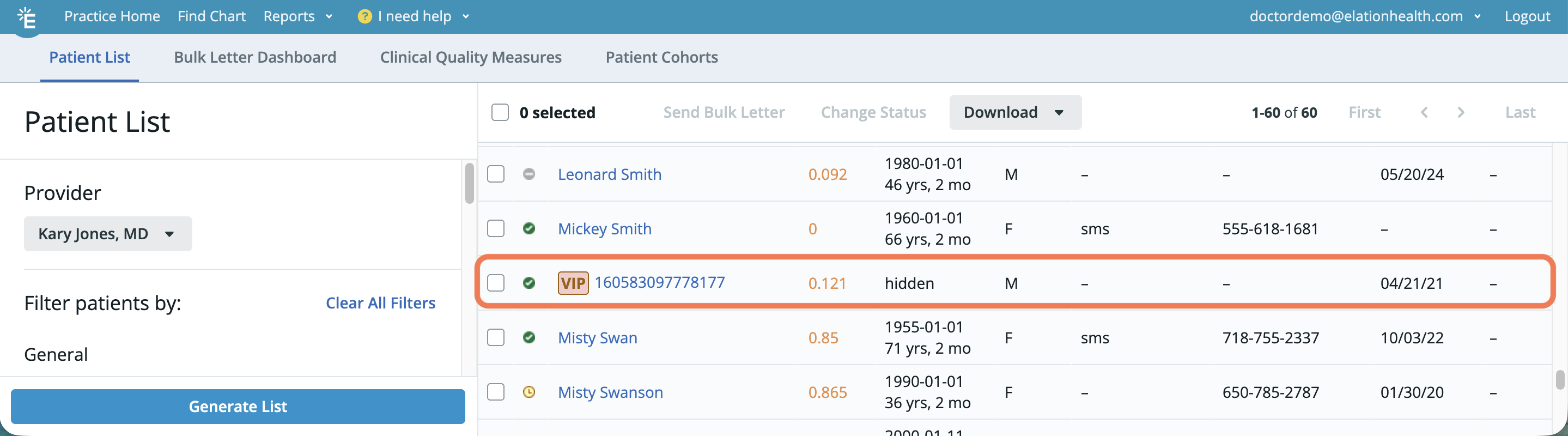 VIP Chartin Patient List Report