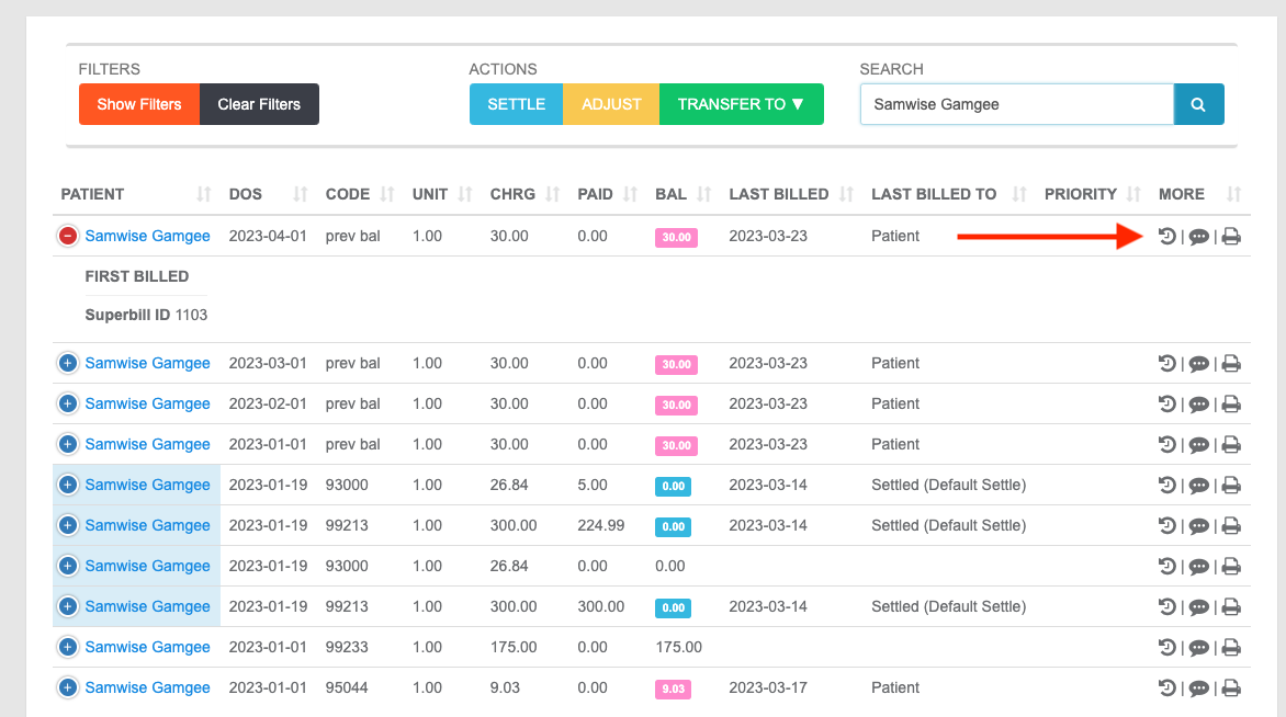 In the Claim Manager, the Claim History button is the first/ far-left button under the More column.