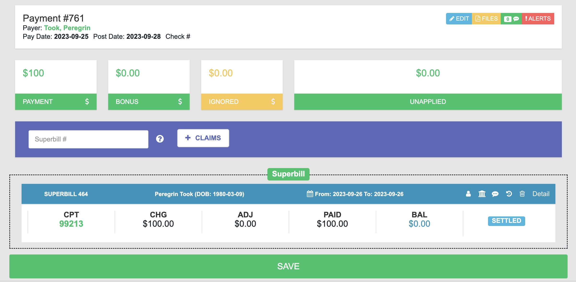 Payment #761. It has a value of $100, no Check Number, and has been fully applied to Superbill 464