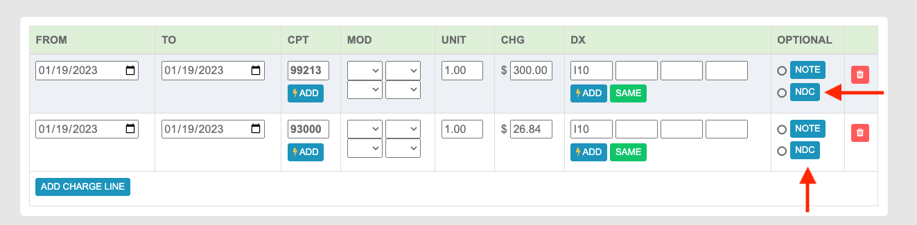 The NDC button is located on each Claim line, under the Optional column, following the NOTE button.