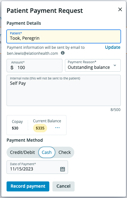 a Patient Payment Request - patient Took, Peregrin has been selected. They have been charged $100 for Payment Reason