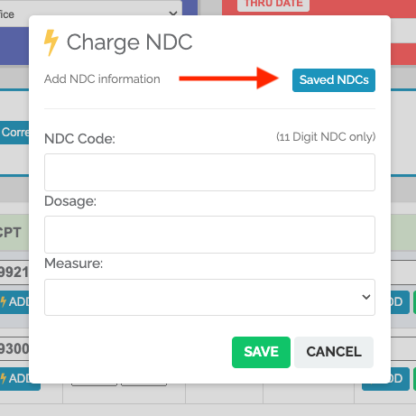 The Saved NDCs button is the first button in the pop-up