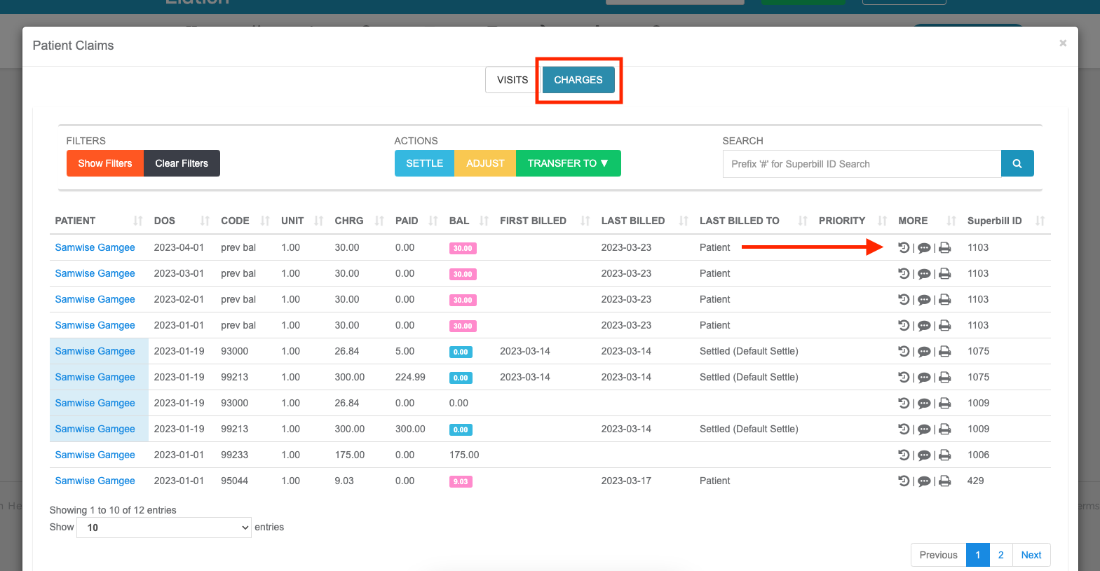 Patient's Page Image 2 of 2 Brief: on the Patient's page, the Claim button has been selected. On the popup window, the Charges button has been selected. The Claim History button is the first/ far-left button under the More column.