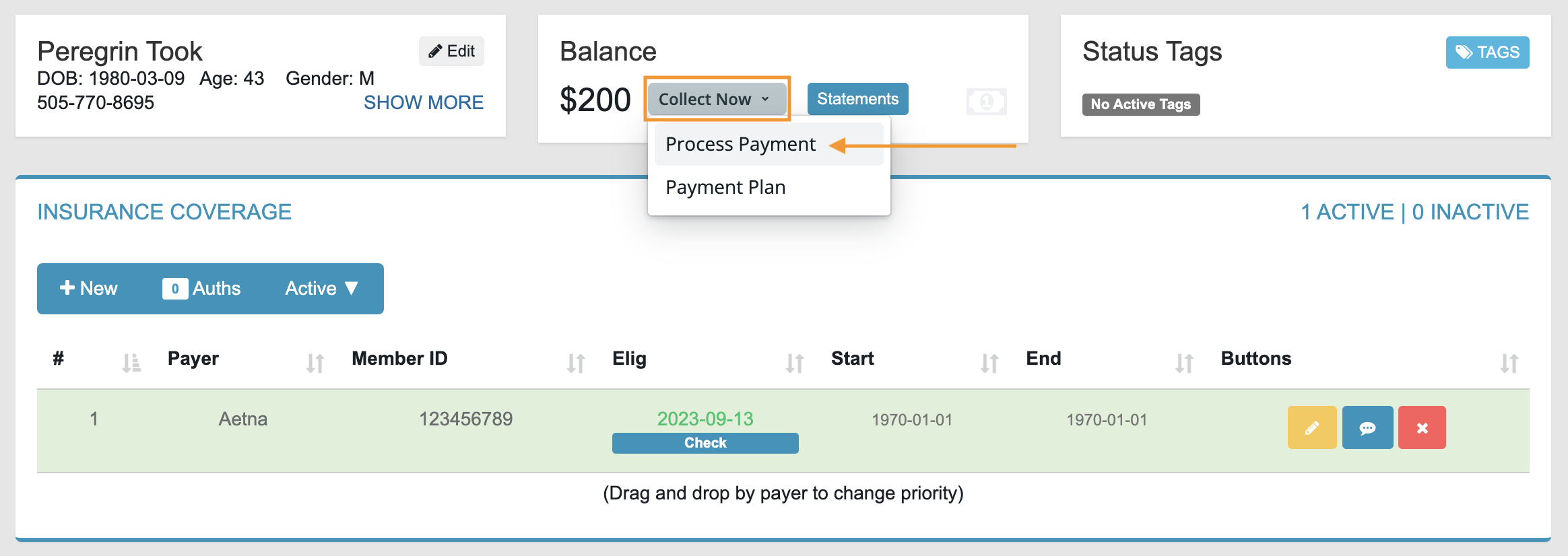 Collect Now is found in the patient's Balance pane