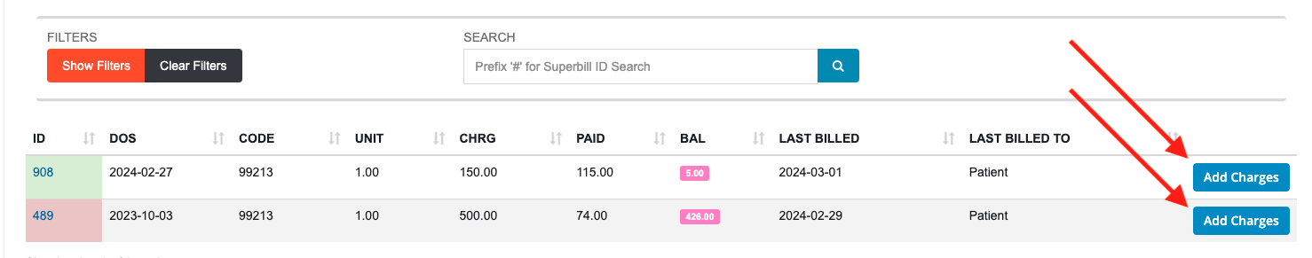 This view offers info like Claim ID, DOS, Patient Balance, and more. On the far right is an Add Charges button, which adds the Claim to the Payment