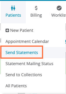 in the Patients tool menu, Send Statements is the third menu option