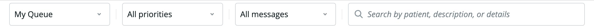 Worklist filter bar with the queue selector, the priority menu, the All messages menu, and the search box