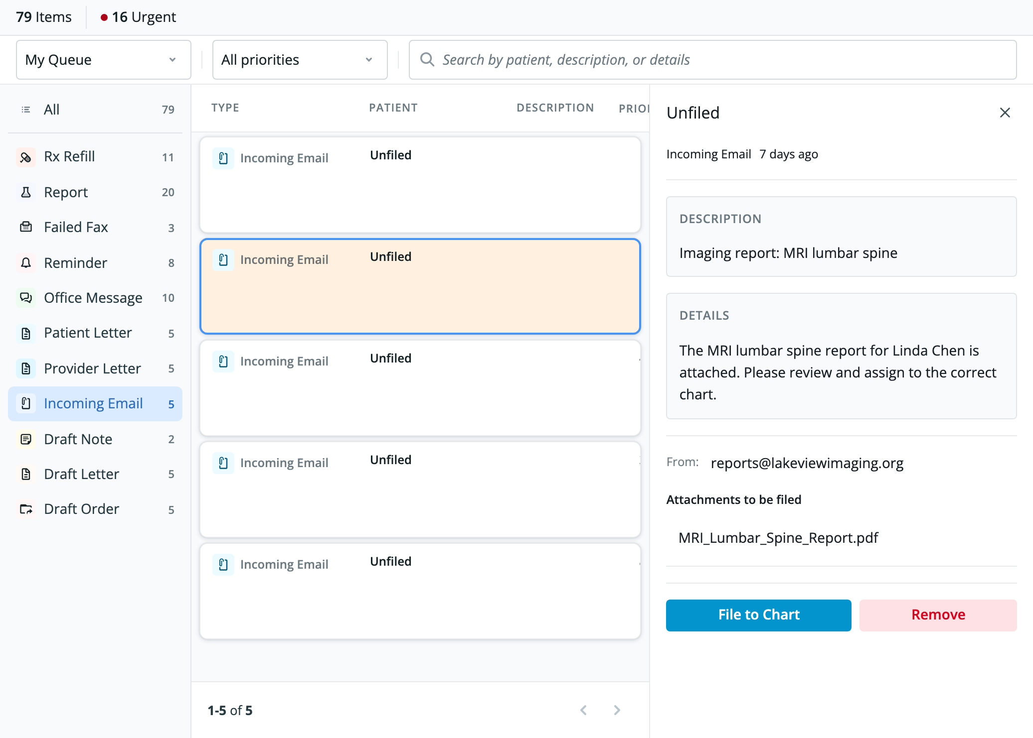 Details panel for an incoming email showing the sender, the attachments to be filed, and the File to Chart and Remove buttons