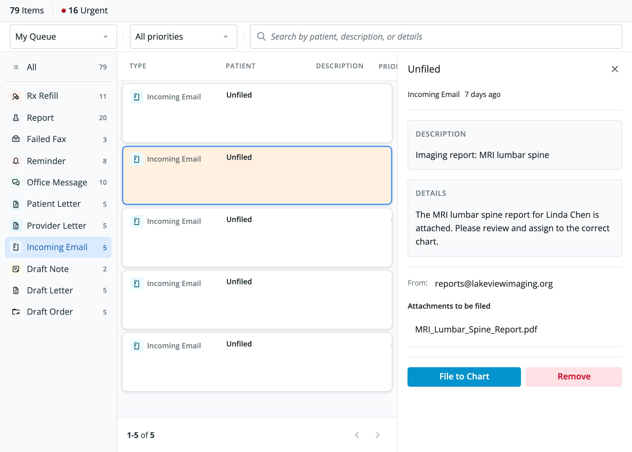 Details panel for an incoming email showing the sender, the attachments to be filed, and the File to Chart and Remove buttons