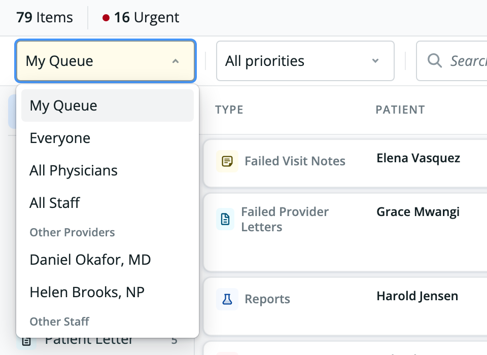 View queue for selector open, listing My Queue, Everyone, All Physicians, All Staff, and individual providers under Other Providers