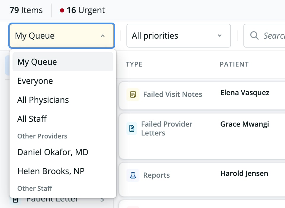 View queue for selector open, listing My Queue, Everyone, All Physicians, All Staff, and individual providers under Other Providers