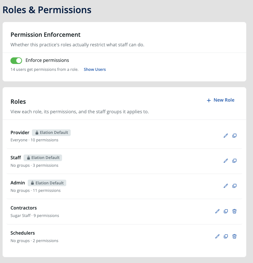 Roles & Permissions settings page showing the Permission Enforcement card and the list of roles