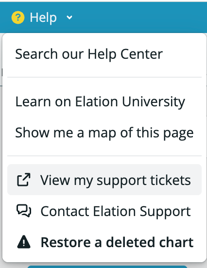 Help menu expanded in Elation EHR with "View my support tickets" highlighted, alongside options for Search our Help Center, Learn on Elation University, Show me a map of this page, Contact Elation Support, and Restore a deleted chart.