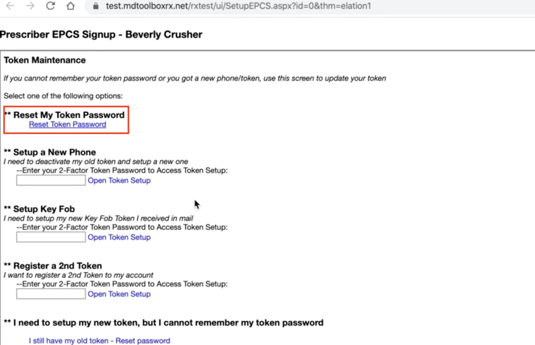 screengrab showing reset token password option