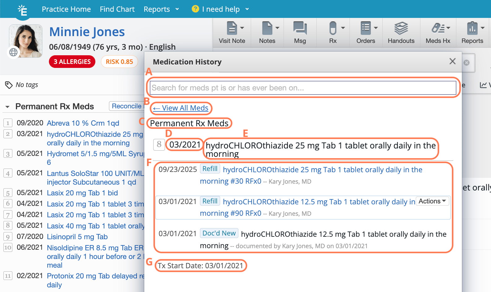 Medication History panel showing a hydroCHLOROthiazide thread with labels: A) search bar, B) View All Meds link, C) Permanent Rx Meds heading, D) start date 03/2021, E) medication title, F) prescription history entries, G) Tx Start Date 03/01/2021.
