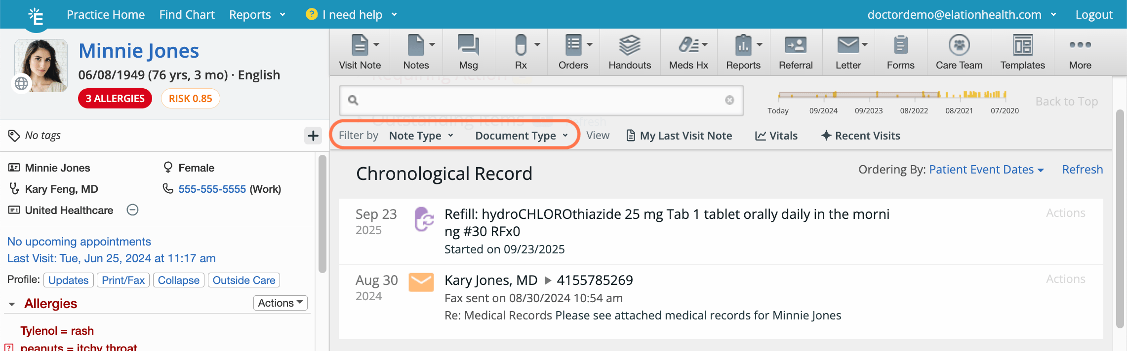 Chronological Record search bar with "Note Type" and "Document Type" filter dropdowns highlighted, showing Minnie Jones's chart with two recent records visible.