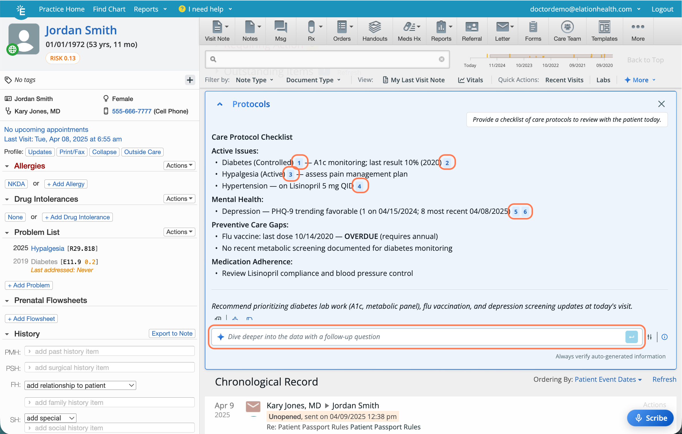 Elation AI Protocols panel for Jordan Smith showing a Care Protocol Checklist with numbered citations (1–6) linking active issues, mental health, preventive care gaps, and a follow-up question input field at the bottom.