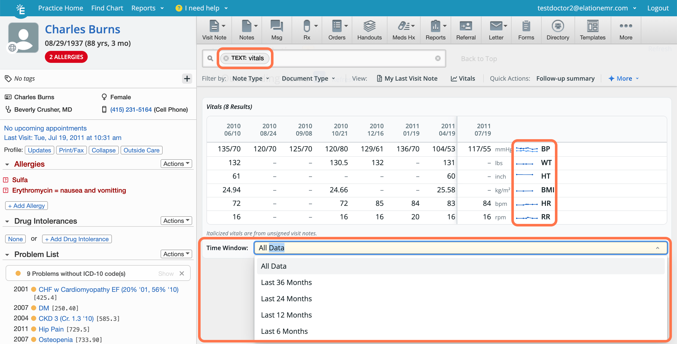 Vitals trend table for Charles Burns showing BP, WT, HT, BMI, HR, and RR across 8 visits from 2010–2011, with the Time Window dropdown open and "All Data" selected.