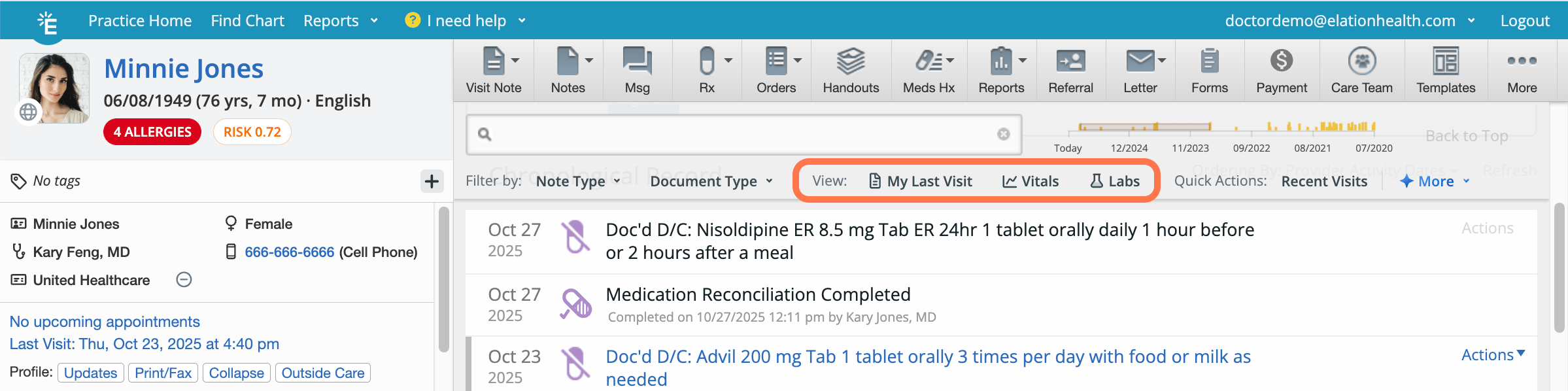 Patient chart for Minnie Jones showing the "My Last Visit," "Vitals," and "Labs" quick view buttons highlighted below the chronological record search bar.