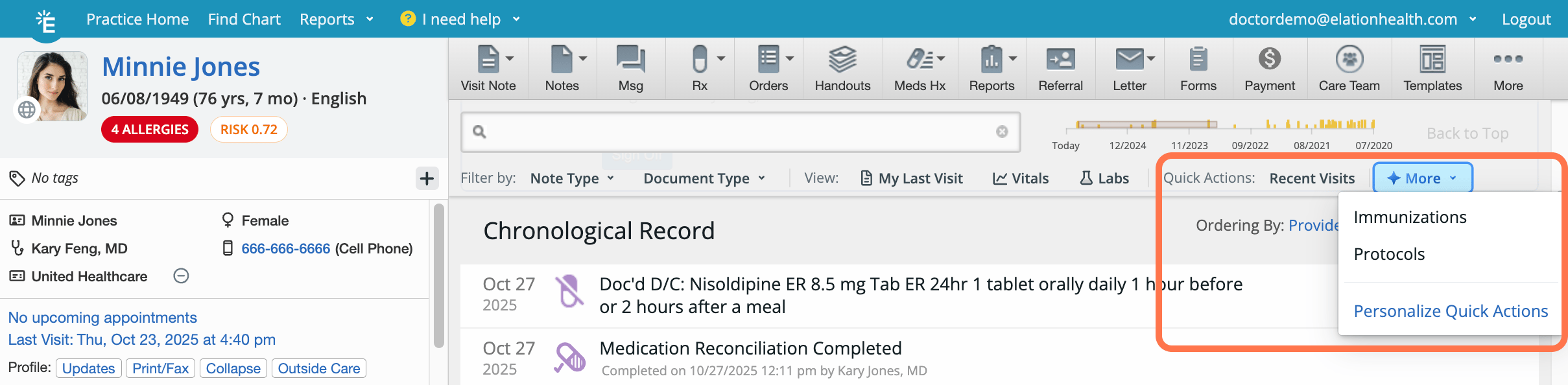 The "More" dropdown expanded in the Quick Actions bar, showing Immunizations, Protocols, and a "Personalize Quick Actions" link.