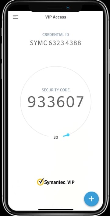 VIP Access App showing Credential ID "SYMC 6323 4388" and a 6-digit Security Code "933607" with 30 seconds remaining before it refreshes.