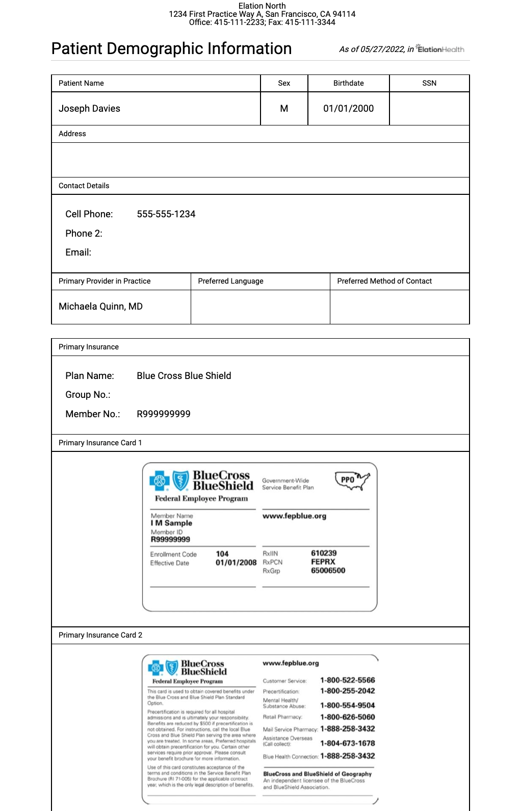 Printed patient demographics for Joseph Davies showing Primary Insurance section with Blue Cross Blue Shield plan, member number R999999999, and both front and back insurance card images printed below.