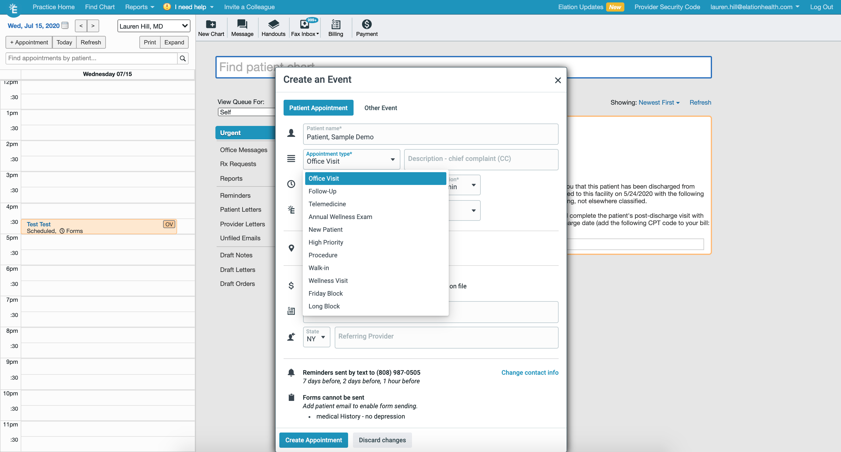 Create an Event dialog showing the Appointment type dropdown expanded, with options including Office Visit (highlighted), Follow-Up, Telemedicine, Annual Wellness Exam, New Patient, High Priority, Procedure, Walk-in, Wellness Visit, Friday Block, and Long Block.