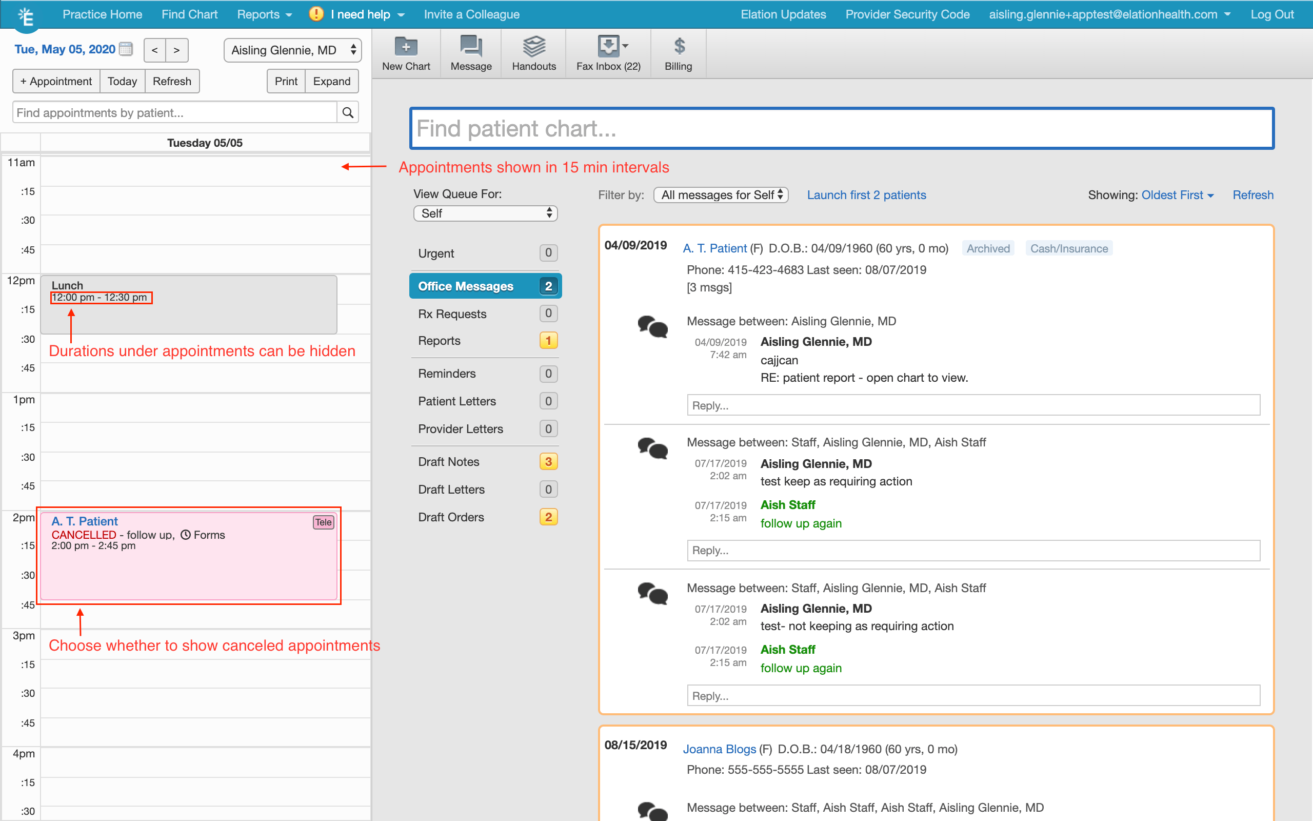 Calendar view showing three annotated settings: appointments displayed in 15-minute intervals, a Lunch block with hidden duration toggle option, and a canceled appointment for A.T. Patient highlighted in red.