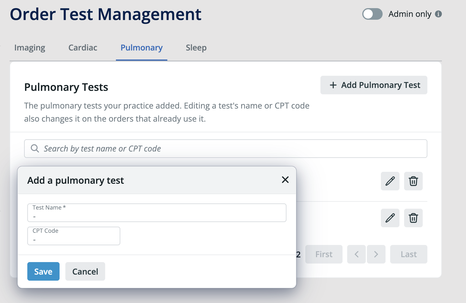 Add a pulmonary test dialog with a required Test Name field, an optional CPT Code field, and Save and Cancel buttons.