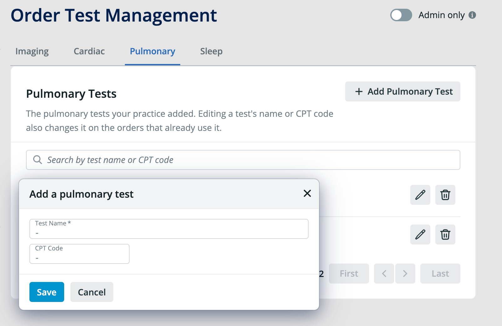 Add a pulmonary test dialog with a required Test Name field, an optional CPT Code field, and Save and Cancel buttons.