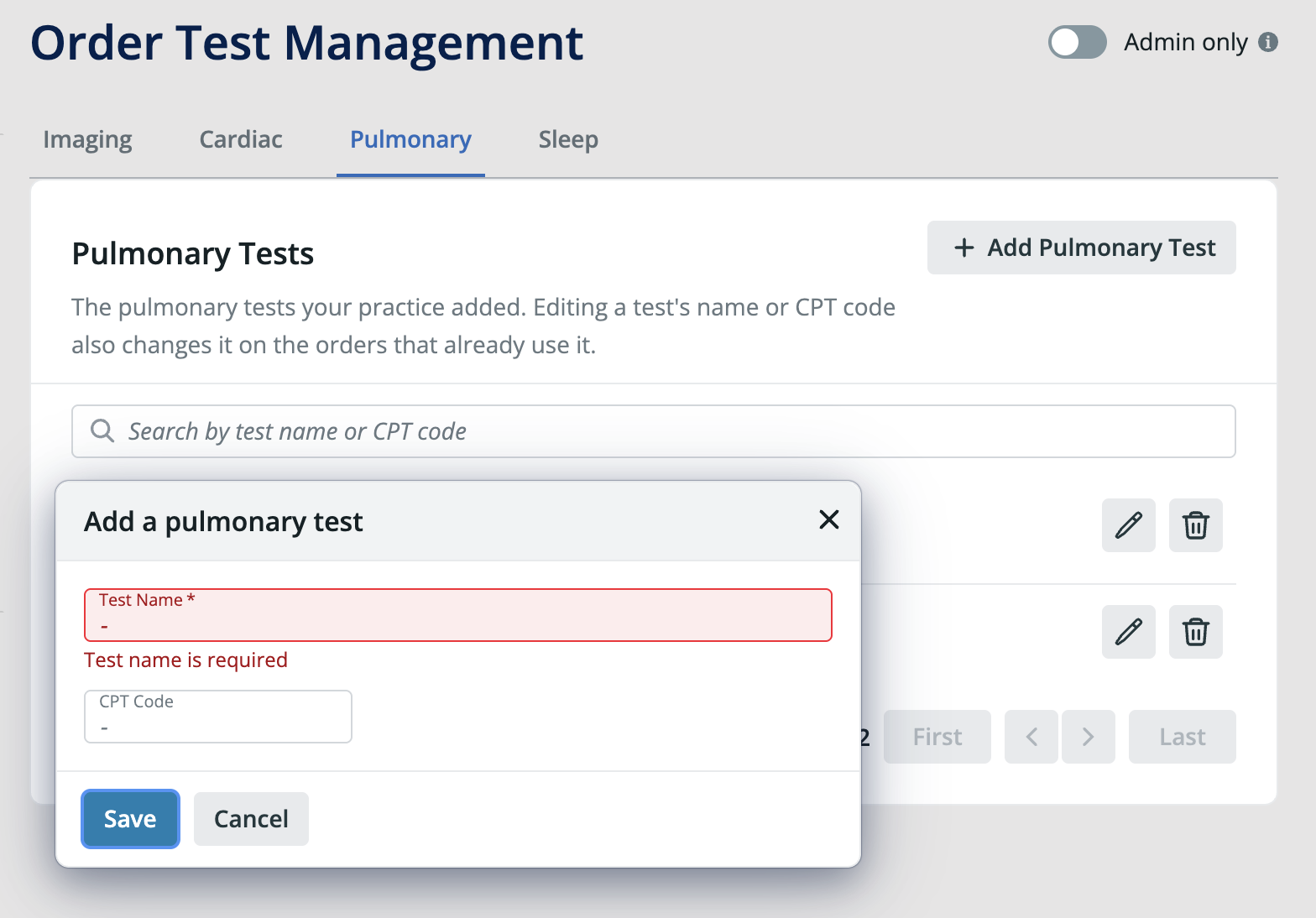 Add a pulmonary test dialog with the Test Name field highlighted in red and the message "Test name is required."